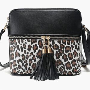 Crossbody Shoulder Black/Leopard Double Tassel Bag